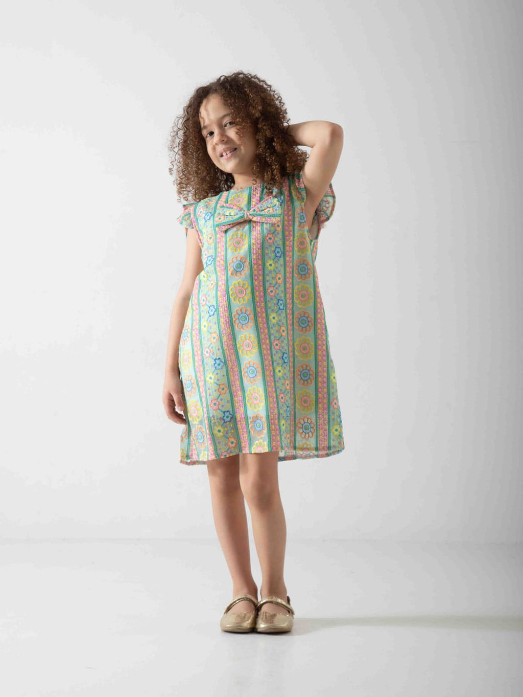 Girls' Pastel Floral Dress with Bow – Soft Summer Casual Dress