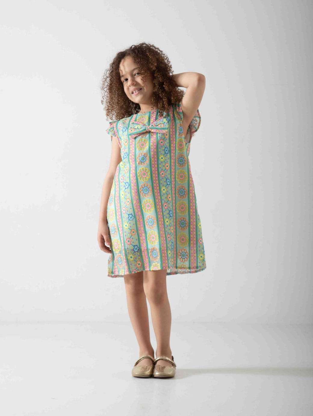 Girls' Pastel Floral Dress with Bow – Soft Summer Casual Dress