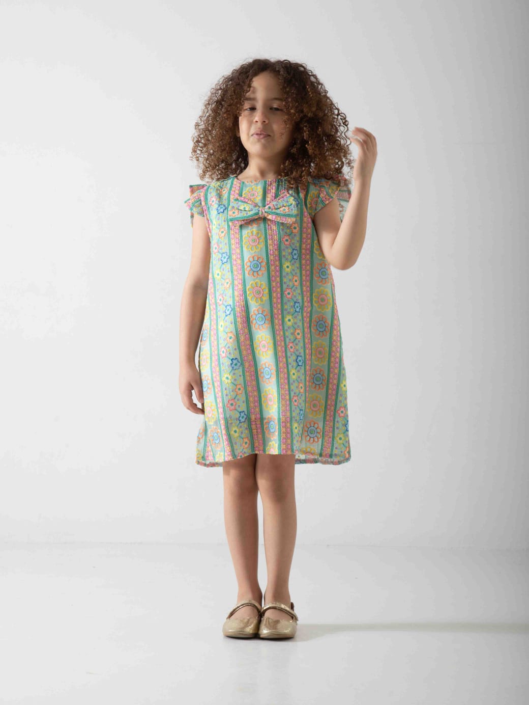 Girls' Pastel Floral Dress with Bow – Soft Summer Casual Dress
