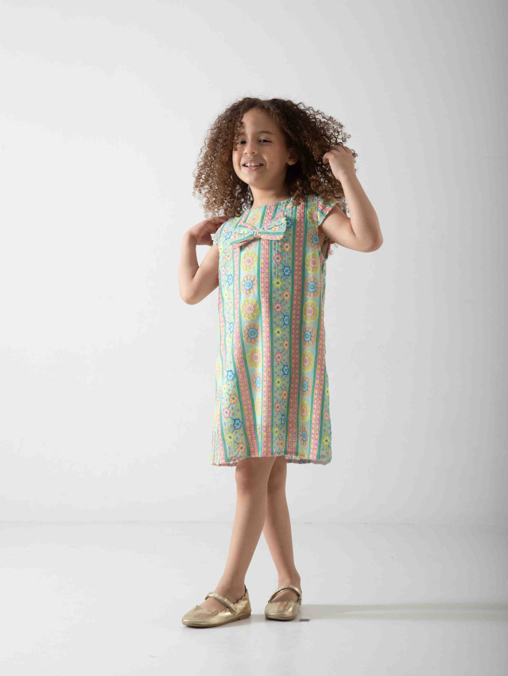 Girls' Pastel Floral Dress with Bow – Soft Summer Casual Dress