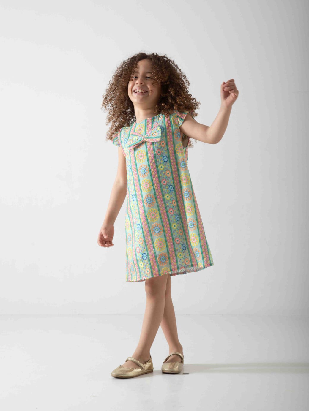 Girls' Pastel Floral Dress with Bow – Soft Summer Casual Dress