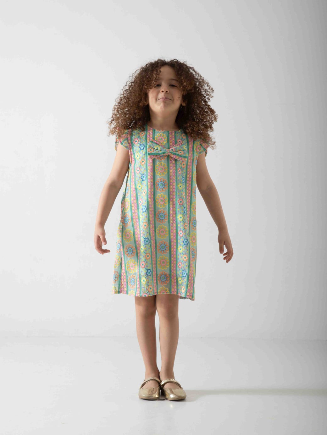 Girls' Pastel Floral Dress with Bow – Soft Summer Casual Dress