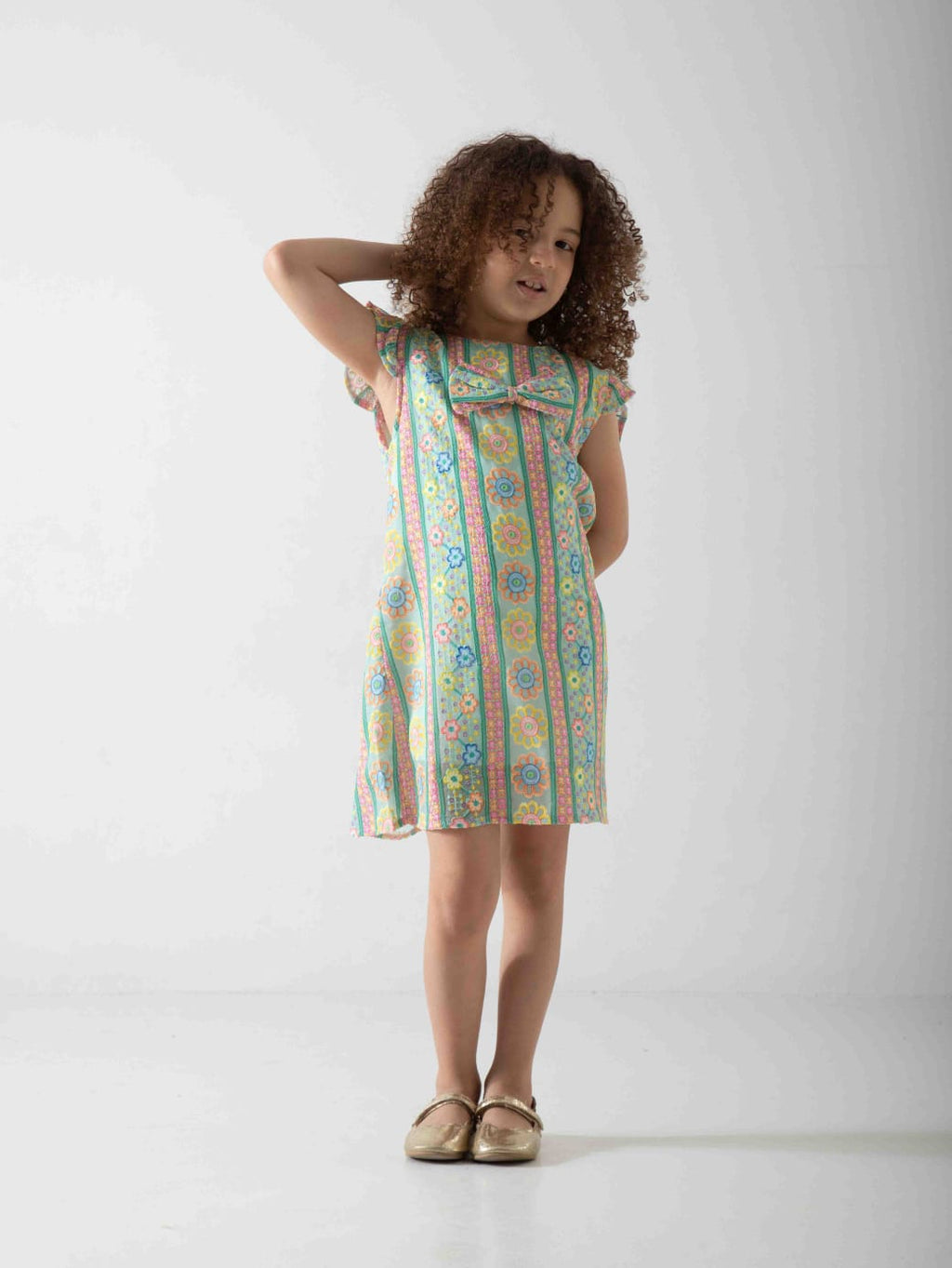 Girls' Pastel Floral Dress with Bow – Soft Summer Casual Dress