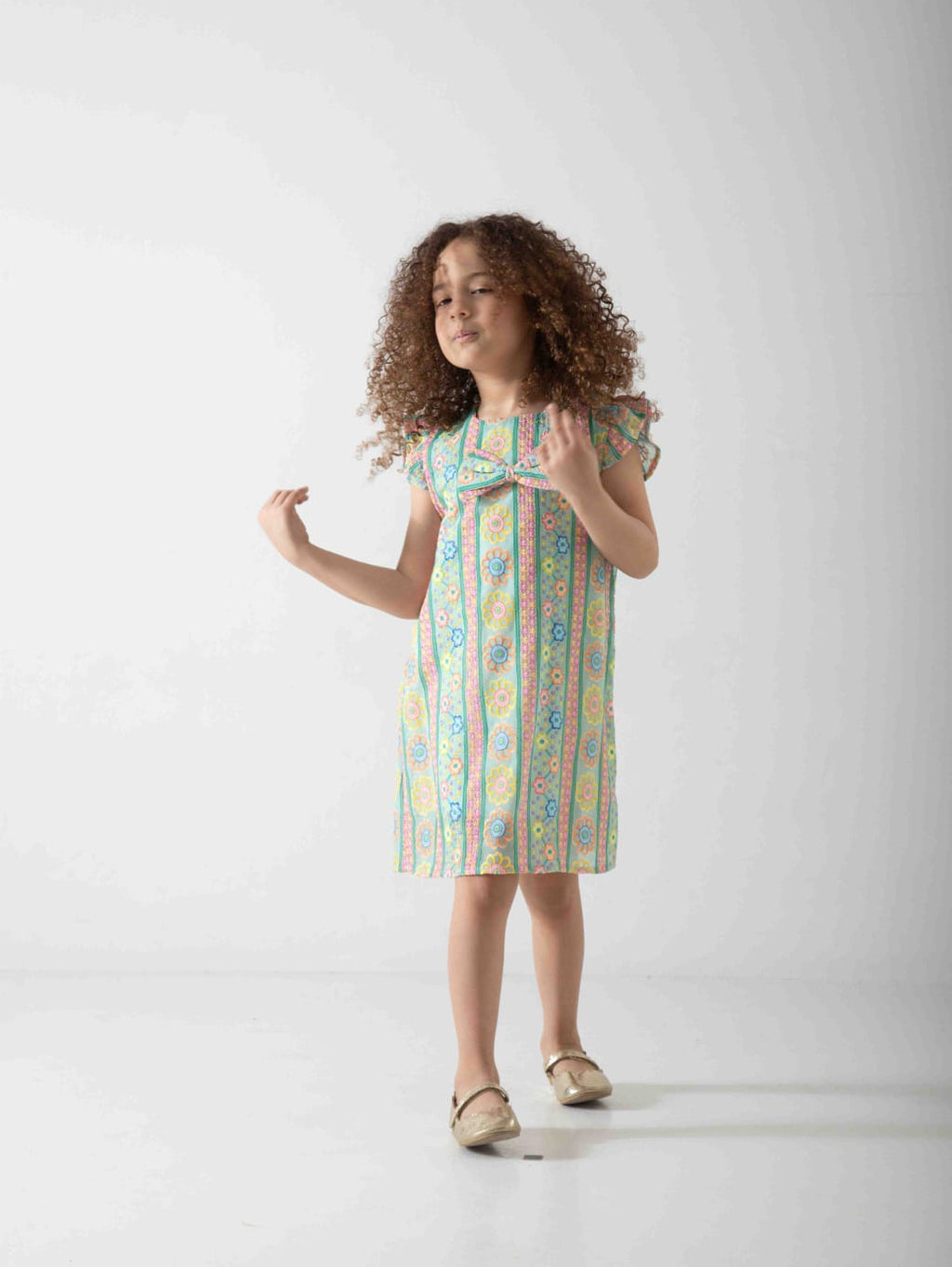 Girls' Pastel Floral Dress with Bow – Soft Summer Casual Dress