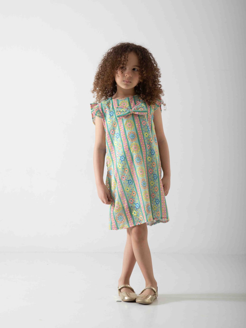 Girls' Pastel Floral Dress with Bow – Soft Summer Casual Dress