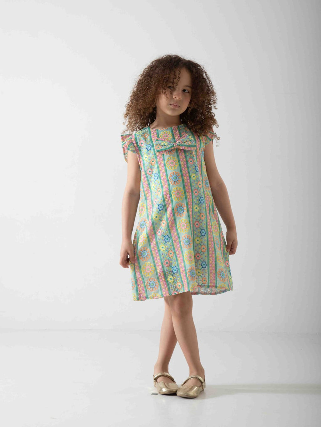 Girls' Pastel Floral Dress with Bow – Soft Summer Casual Dress