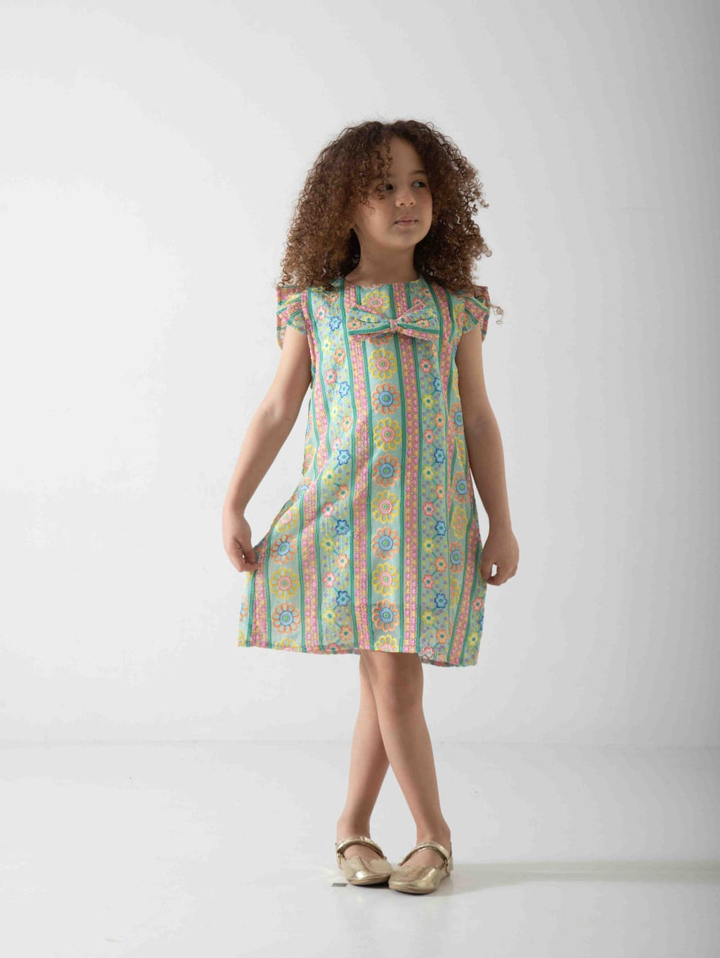 Girls' Pastel Floral Dress with Bow – Soft Summer Casual Dress