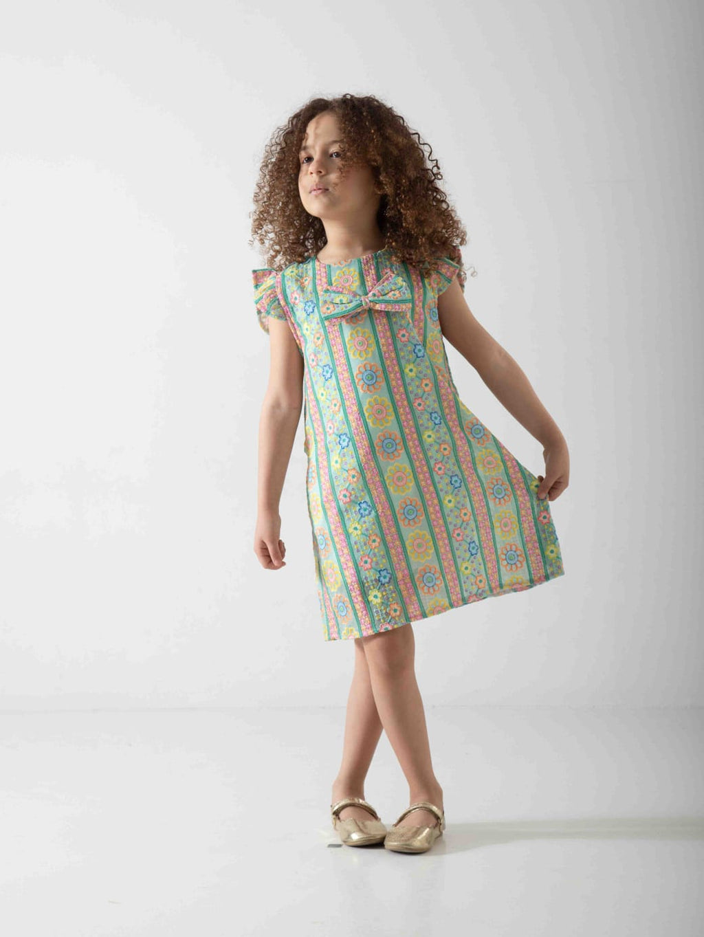 Girls' Pastel Floral Dress with Bow – Soft Summer Casual Dress