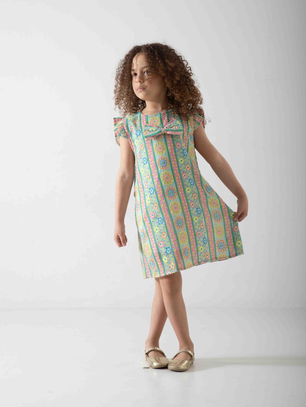 Girls' Pastel Floral Dress with Bow – Soft Summer Casual Dress