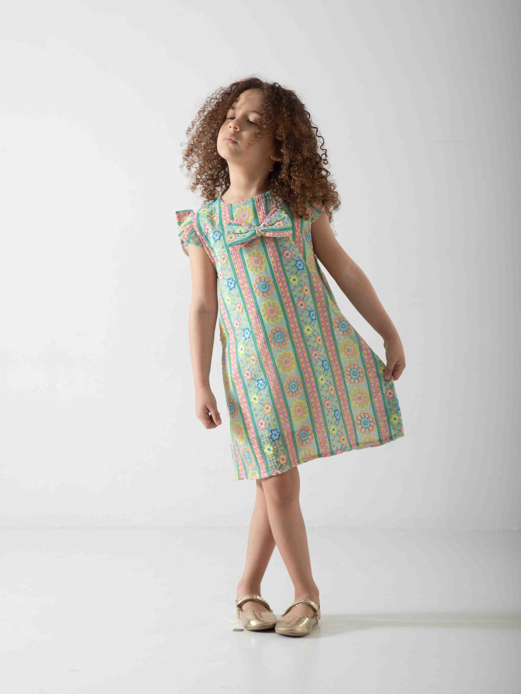 Girls' Pastel Floral Dress with Bow – Soft Summer Casual Dress
