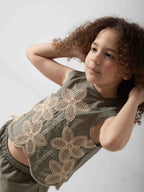 Girls' Floral Embroidered Two-Piece Set – Sleeveless Top & Wide Leg Pants