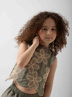 Girls' Floral Embroidered Two-Piece Set – Sleeveless Top & Wide Leg Pants