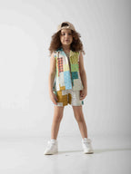 Girls' Patchwork Two-Piece Summer Set – Sleeveless Shirt & Shorts