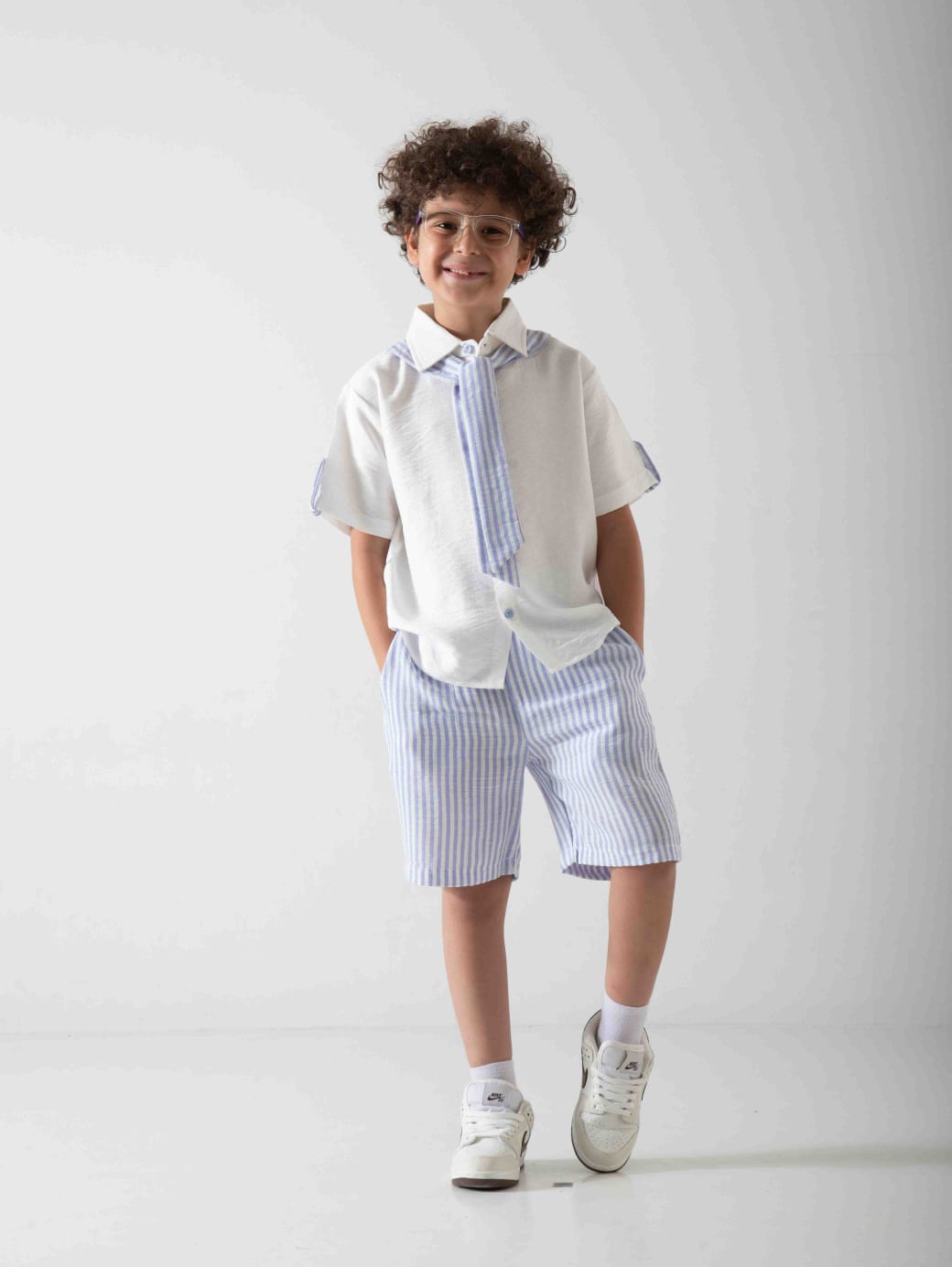Boys' Smart Summer Two-Piece Set – Shirt, Striped Shorts & Matching Tie