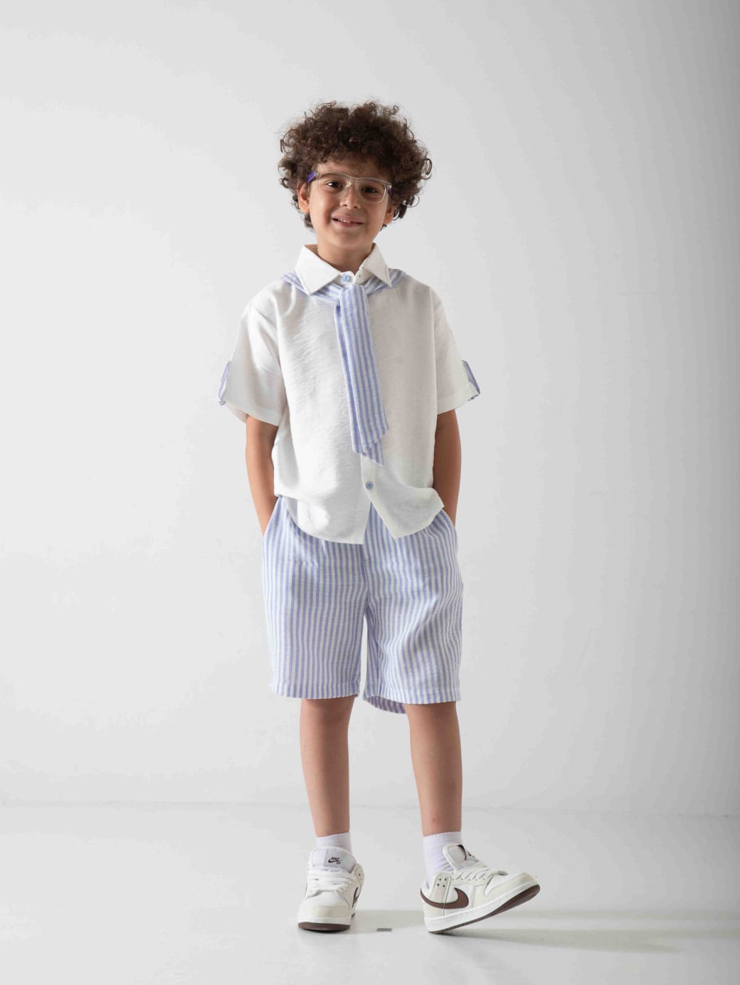 Boys' Smart Summer Two-Piece Set – Shirt, Striped Shorts & Matching Tie