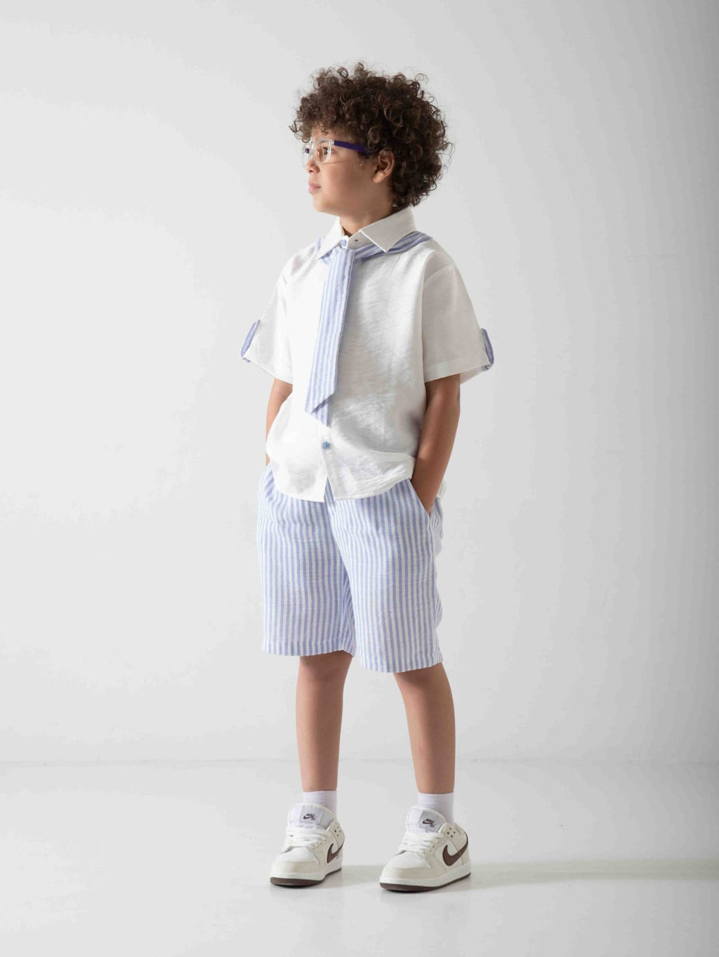Boys' Smart Summer Two-Piece Set – Shirt, Striped Shorts & Matching Tie