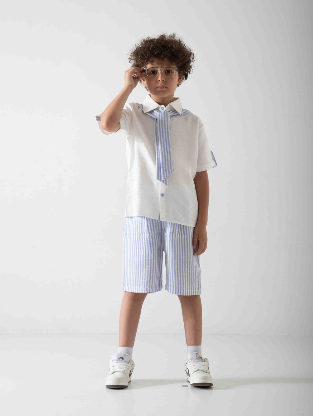 Boys' Smart Summer Two-Piece Set – Shirt, Striped Shorts & Matching Tie