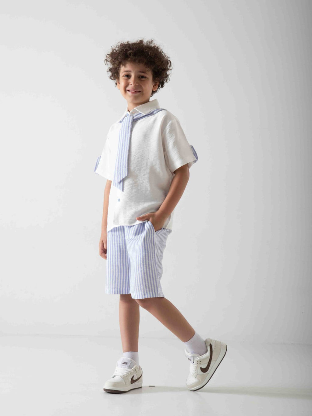 Boys' Smart Summer Two-Piece Set – Shirt, Striped Shorts & Matching Tie